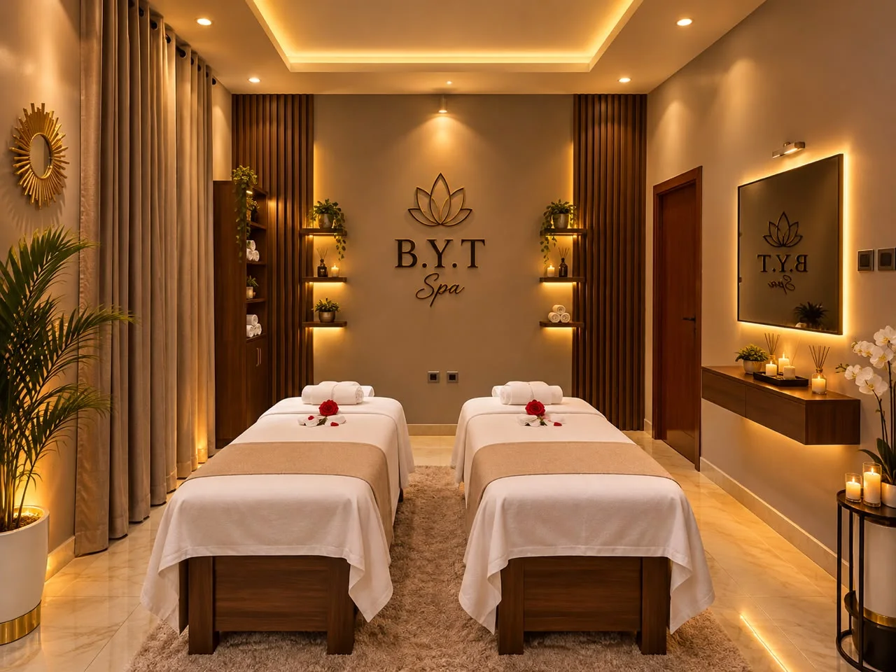 The BYT couples room with two massage beds under warm light